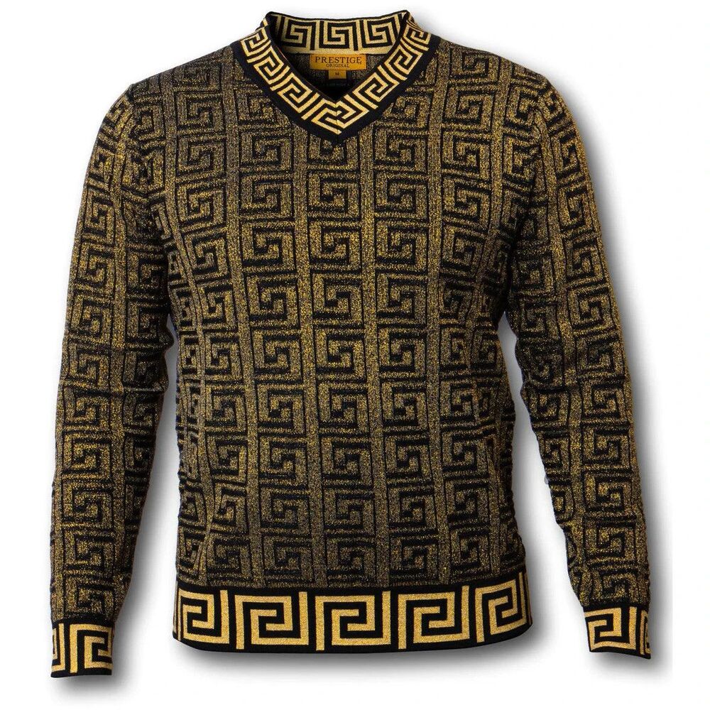 Prestige Black Gold Metallic Greek Key Geometric V-Neck Cardigan Sweater Sz 2XL
